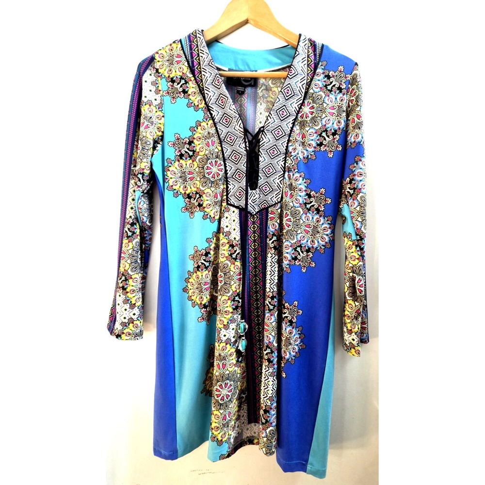 Analili Dress S Paisley Print V-Neck Tie Long Sleeve Black/Pink/Green Poly/Spand
